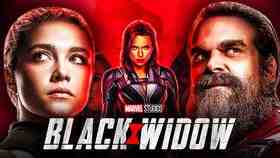 Black Widow, Yelena, and Red Guardian with Black Widow Logo