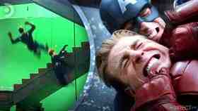 Two Captain Americas Falling, Chris Evans as Captain America being held in a chokehold