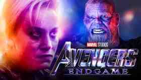 Brie Larson as Captain Marvel, Thanos, Avengers Endgame logo