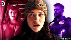 Kat Denning's Darcy in middle, Scarlet Witch on left, Thor on right
