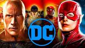 DC logo, Dwayne Johnson as Black Adam, Ezra Miller as Flash