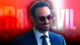 Charlie Cox in Daredevil: Born Again, Daredevil: Born Again logo in background