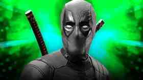 Gray Deadpool costume against green background.