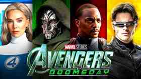 Sue Storm, Doctor Doom, Captain America, Cyclops, Avengers: Doomsday logo.