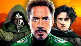Robert Downey Jr., Doctor Doom, and Timothée Chalamet as Paul Atredies on a sandy background