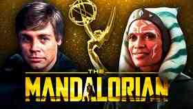 The Mandalorian logo, Mark Hamill as Luke Skywalker, Rosario Dawson as Ahsoka