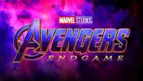 'Avengers: Endgame' logo with pink and blue background.