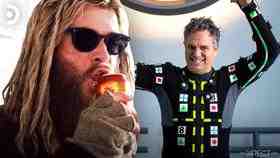 Chris Hemsworth as Bro Thor, Mark Ruffalo holding the Avengers logo