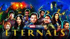 The cast of Eternals, Celestials in background