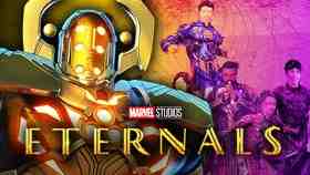 Celestial on left with Eternals on right with Eternals logo in foreground