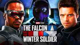Falcon left, Winter Soldier Right, Zemo Middle, The Falcon and the Winter Soldier title low middle