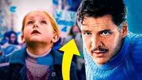 Child in Fantastic Four: First Steps looking up; a yellow arrow next to Pedro Pascal's Reed Richards