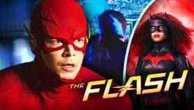 Javicia Leslie as Batwoman, Grant Gustin as Flash, The Flash logo