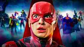 The Flash Ezra Miller, DC heroes in background