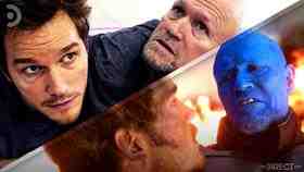 Chris Pratt and Michael Rooker in rehearsal next to Peter Quill and Yondu in Guardians Vol. 2.