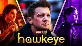 Hawkeye logo, Jeremy Renner as Clint Barton, Fra Fee as Kazi, Alaqua Cox as Maya Lopez