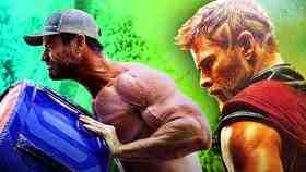 Chris Hemsworth working out on left with Thor on right