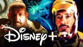The Disney+ logo with the characters Trevor Slattery and Tony Stark from Iron Man 3