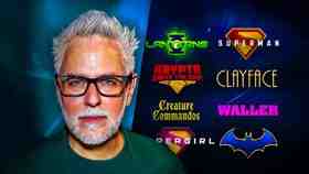 James Gunn next to DCU movie tv slate logos