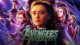 Kathryn Newton as Cassie Lang alongside numerous MCU characters; Avengers: Doomsday logo.