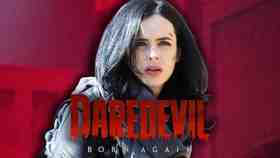 Krysten Ritter as Jessica Jones; Daredevil logo.