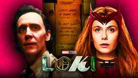 Tom Hiddleston as Loki, Elizabeth Olsen as Scarlet Witch, Loki logo