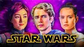 Star Wars logo, Jedi Apprentices Sabine, Anakin, and Rey in live action