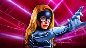 Sydney Sweeney in Madame Web against red and webbed background.