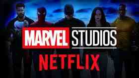 Marvel Studios and netflix logos, MCU heroes silhouettes