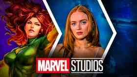 Jean Grey in costume, Sadie Sink, Marvel Studios logo.