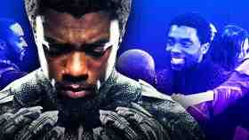 Chadwick Boseman as Black Panther on left with purple background