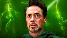 Robert Downey Jr. as Doctor Doom in front of green lightning.