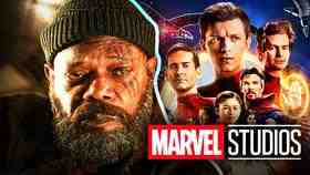 Samuel L. Jackson's Nick Fury with the cast of Spider-Man: No Way Home and the Marvel Studios logo.