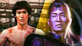 Bruce Lee on the left and Shang-Chi concept art on the right