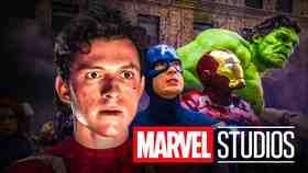 Spider-Man Tom Holland with Avengers heroes Captain America, Iron Man, Hulk, Marvel Studios logo