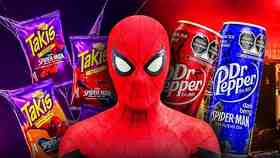 Takis chips, Spider-Man, Dr. Pepper cans.
