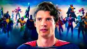 David Corenswet's Superman in front of DCU superheroes.