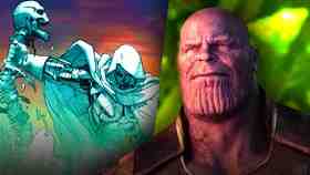 Doom holding Thanos' skeleton in Marvel Comics, Thanos live-action.