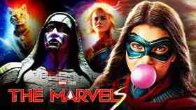 Iman Vellani's Ms. Marvel with Brie Larson's Captain Marvel, a Flerken, and the Kree Ronan.