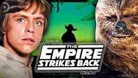 Luke Skywalker, The Empire Strikes Back logo, and Chewbacca