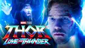 Chris Pratt as Peter Quill, Chris Hemsworth as Thor, Thor: Love and Thunder logo
