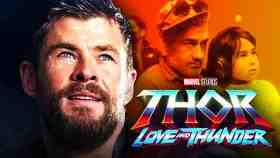 Chris Hemsworth as Thor, Taika Waititi with his daughter, Thor: Love and Thunder logo