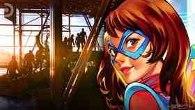 Ms. Marvel punching out bank robber on left, Ms. Marvel looking behind her on right