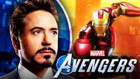 Robert Downey Jr. as Iron Man, Marvel's Avengers logo