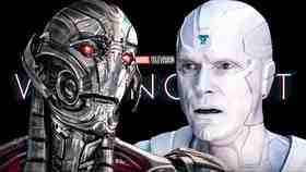 VisionQuest logo, Ultron and White Vision in front of logo.