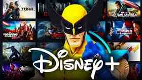 Wolverine under Disney Plus logo, in front of Marvel Movie thumbnails