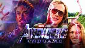 Avengers Endgame logo, Robert Downey Jr. as Iron Man, Paul Bettany as Vision