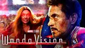 WandaVision logo, Elizabeth Olsen as Wanda Maximoff, Robert Downey Jr. as Iron Man