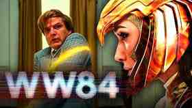 Maxwell Lord tied up on left with Wonder Woman in golden armor on right