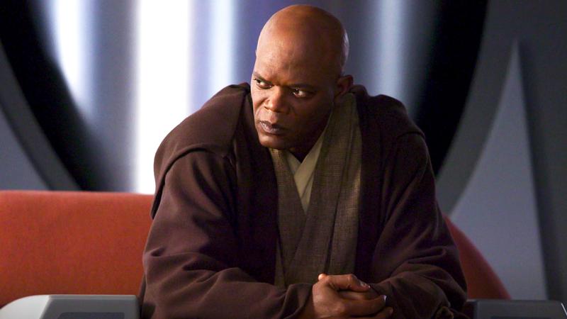 Samuel L. Jackson as Mce Windu leaning over in the Jedi Temple in Star Wars